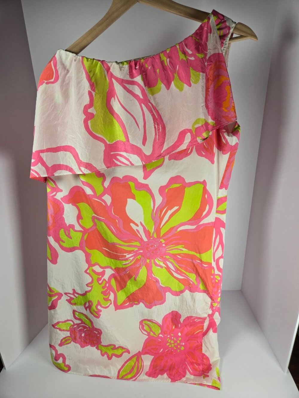 Lilly Pulitzer Janie One-Shoulder Silk Dress Pink Green Floral Flounce Size 6